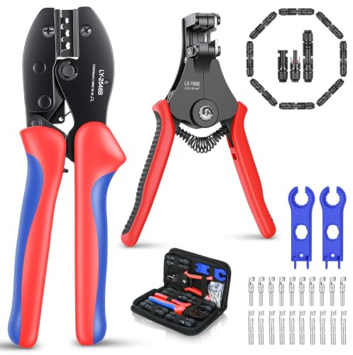 BOSYTRO Solar Crimpzange Set für 2.5/4/6mm² Solarpanel PV Kabel, 10 Paar Kabelstecker, 10 Paar Männlich/Weiblich Stecker, 1x Crimpzange+Abisolierzange, 2xSolar Steckverbinder Schraubenschlüssel