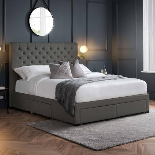 Julian Bowen Wilton Storage Bed, Double, 4 Drawer, Dark Grey - W150 xD207cm | Contemporary Bed Frame with Headboard & Wooden Slats, 135/4ft6, Deep Button Upholstered Fabric, No Box Spring Needed
