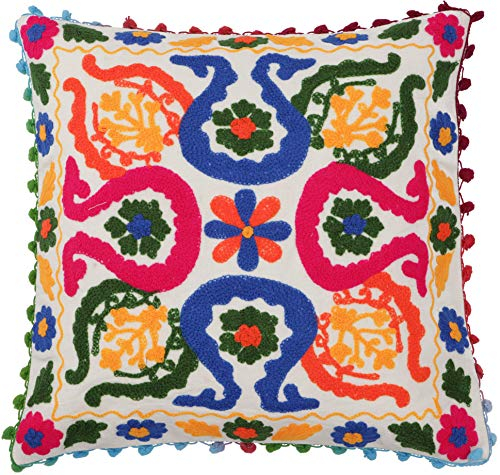 GURU SHOP Boho Kissenhülle, Farbenfrohes Besticktes Folklore Kissen im Mexikanischem Style - Weiß/pink/blau, Baumwolle, 40x40x0 cm