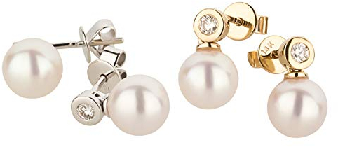 Ardeo Aurum Damen Ohrringe-Ohrstecker aus 585 Gold Gelbgold mit 0,10 ct Diamant Brillant 7,0 mm Akoya-Perlen Tropfen-Design Zargenfassung