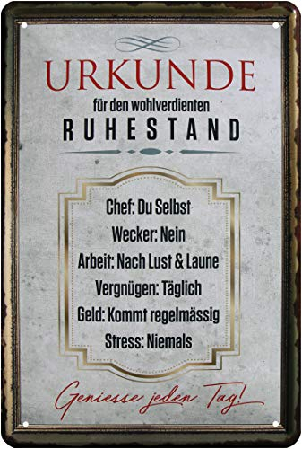 WOGEKA ART Retro Blechschild - Urkunde für wohlverdienten Ruhestand - als Geschenk-Idee 20 x 30 cm Vintage-Deko-Schild aus Metall 59