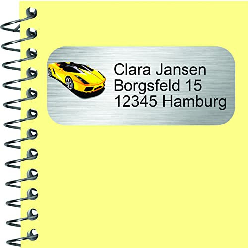 INDIGOS UG® Namensaufkleber Adressaufkleber - 42x22 mm - personalisiert - Edelstahllook - 007 - Hot Rod Auto - 99 Stück für Kinder, Schule und Kindergarten - Stifte, Federmappe, Lineale