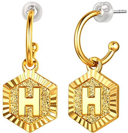 FOCALOOK 18k vergoldet Endlose Creolen mit Buchstabe H goldfarbige Halb Kreolen + Sechseck Münze Anhänger Damen Mädchen trendiger Ohrringe Ohrschmuck Accessoire für Geburtstag Jahrestag