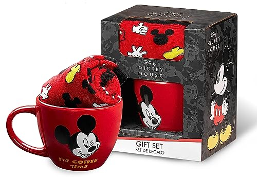 Disney Tasse Stitch - Coffret Cadeau Tasse Mug et Chaussettes - Idée Cadeau Stitch Mickey Minnie Marie Aristochats (Rouge Mickey)