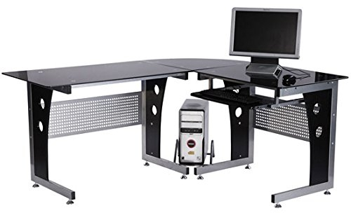 HOMCOM Schreibtisch Eckschreibtisch Computertisch PC Tisch Bürotisch mit schwarzem Sicherheitsglas 164 x 139 x 75cm