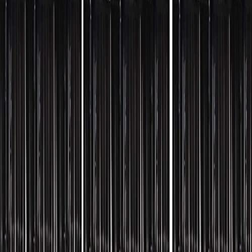 3P 1m*2m Halloween Black Foil Curtain Door Curtain,Metallic Tinsel Curtains Party Backdrop Curtain Shimmer Curtain,Fringe Backdrop Hanging Streamer for Halloween Xmas Birthday Wedding Prom Party