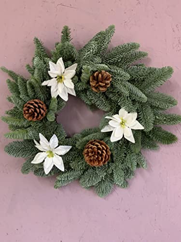 Fresh Real Christmas Wreath with White Flowers and Cones