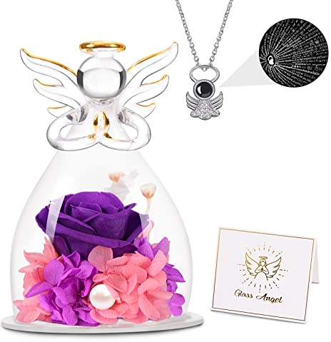 Digi4U Konservierte Blumen Geschenke für Frauen Mama Oma, Ewige Rose im Engel Figur und Engel Halskette mit 100 Ich Liebe Dich Sprachen für Geschenk Muttertag,Geburtstagsgeschenk für Frauen