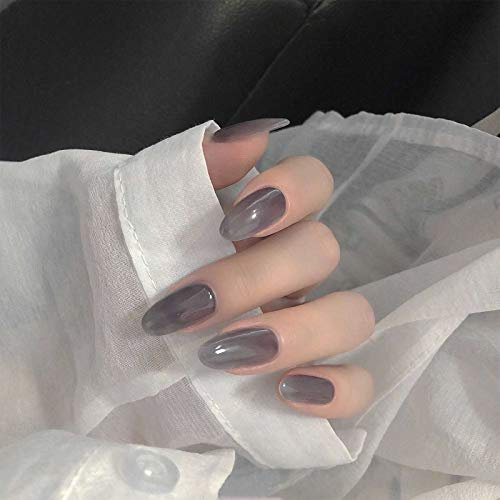 Inilbran Amande Impression Sur Ongles Coller Sur Ongles Moyenne Longue Amande Faux Ongles Ballerine Français Stick Sur Ongles Brillant Ongles Gris Acrylique Couverture Complète Ongles 24pcs