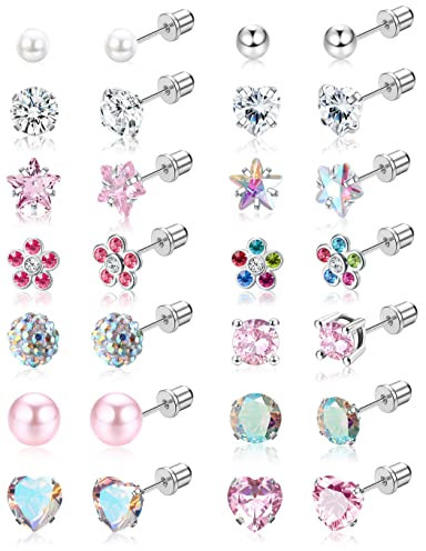 JeweBella 14 Paires Petites Boucles d'Oreilles Hypoallergéniques pour Femmes Filles Acier Chirurgical 316L Mignon Boucles d'Oreilles Fleur Perles CZ Multicolore Vis Dos Boucles d'Oreilles Ensemble