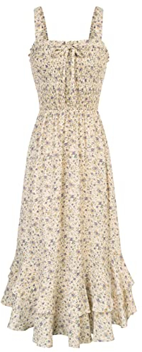 Sommerkleid Damen A-Linie Blumen Kleid Ärmellos Maxikleid Spaghettiträger Kleid Strandwear Holidy Kleid L Beige-Lila Blume
