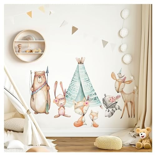 DEKO KINDERZIMMER Wandtattoo Waldtiere Set Wandsticker Hase Bär Fuchs Kinderzimmer Wandaufkleber Zelt Babyzimmer Wanddeko DK1093-1