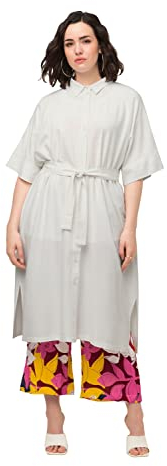 Ulla Popken Damen große Größen Übergrößen Plus Size Midikleid, Leinenmix, Hemdkragen, Gürtel, Halbarm Offwhite 50+ 818420200-50+