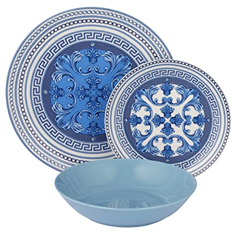 Baroni Home Servicio de platos de 18 piezas de porcelana y gres, servido por mesa colorida para 6 personas, plato hondo, plano, de frutas o dulces (fantasía mayólica azul)