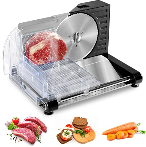 OSTBA APPLIANCE OSTBA - Cortador de carne plegable, cortador eléctrico de alimentos con bandeja de alimentos, 0-18 mm de grosor ajustable, cortador de alimentos plegable portátil con cuchillas de