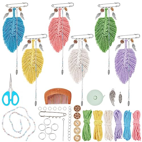 WEBEEDY Kit de Fabrication de Broche DIY 6 Ensembles Macramé Feuille Broche Broches Broches Épingles de Sûreté Broche Fabrication de Bijoux Macramé Kit pour Débutants