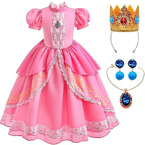 YOGLY Princesse Peach Déguisement avec Couronne Fille Dress up Princesse Pêche Rose Robe de Soirée Cosplay Halloween Costume Anniversaire Fête Noël Carnaval Fancy Robe pour Enfant Taille 3-10 Ans