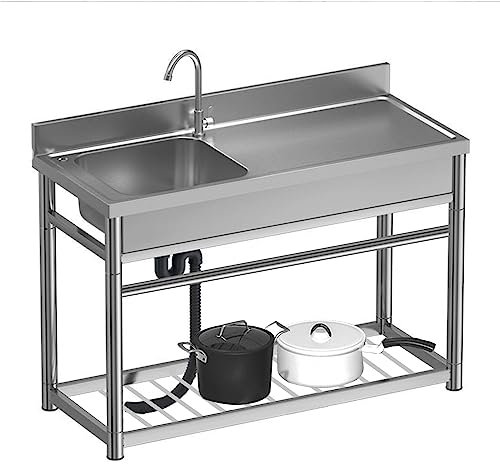 Fregadero de cocina de acero inoxidable con mesa de trabajo fregadero con desagüe, fregadero independiente de acero inoxidable, con estantes de almacenamiento fregadero de restaurante lavamanos