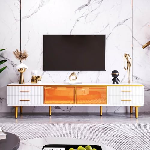 KOMHTOM Meuble TV Blanc Meuble télé avec LED, Commode avec 4 tiroirs et 2 Portes en Verre trempé, Meuble Bas Rangement pour Salon Chambre à Coucher et Couloir (A)