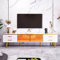 KOMHTOM Meuble TV Blanc Meuble télé avec LED, Commode avec 4 tiroirs et 2 Portes en Verre trempé, Meuble Bas Rangement pour Salon Chambre à Coucher et Couloir (A)