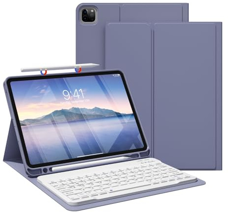 JKSML Hülle mit Tastatur für iPad Pro 11 Zoll 4./3./2.Gen (2022/2021/2020) | Soft TPU Schutzhülle mit Stifthalter, Abnehmbare Bluetooth Tastatur, QWERTZ Layout, Violett-Grau