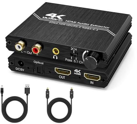 Répartiteur audio HDMI 2.0 4K HDMI vers SPDIF optique Toslink 3,5 mm AUX stéréo RCA L/R avec contrôle du volume, prend en charge 4K @ 60Hz HDCP 2.2 HDR 3D YUV 4:4:4