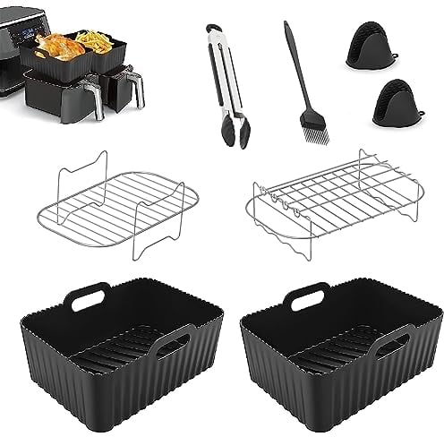 8 PCS Air Fryer Accessories Set for Ninja AF300UK/AF400UK - Reusable Silicone Liners, Tongs, Mitts, Brush, Food Clip, Stainless Steel Racks, Compatible with Salter, Tower 7.6L-9.5L, Heat-Resistant