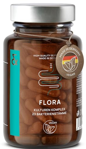 CLAV® Flora Kulturen Komplex, 23 Bakterienstämme, 60 Vegane Kapseln | Für Darmflora, mit Lactobacillus & Bifidobakterien, Darmkur, Magensaftresistent, Probiotisch, ohne Inulin, im Apothekerglas