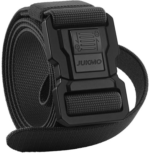 JUKMO Men's Tactical Belt with Lock, Military Work 1.5 Stretch Nylon Web Hiking Quick Release Belt with Heavy Duty Seatbelt Buckle (Black, Large-for Waist 42-46 (Length 53))