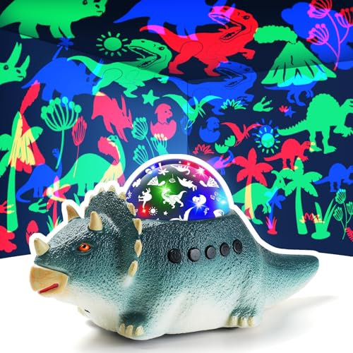 Dino Nachtlichter für Kinder 4 in 1, 360° Drehung Sternenhimmel Projektor Kinder Dinosaurier Spielzeug ab 3-9 Jahre Junge, Kann kriechen, Mehrere Lichtmodi, 12 Weißes Rauschen Musik (Blau)