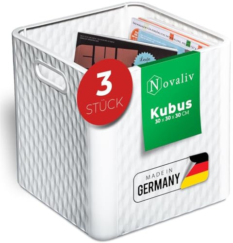 Novaliv 3X Box 30x30x30 cm Weiß Boxen für Kallax Regal Körbe 30x30 Aufbewahrungsbox Regal als Schrank Kisten ideal als Kisten für Kallax Regal Faltboxen 30x30x30 cm Falt Box 30x30 als Kallax Kisten