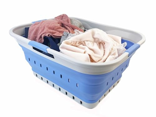 SAMMART 42L Collapsible Plastic Laundry Basket - Foldable Pop Up Storage Container/Organizer - Space Saving Hamper/Basket (Grey/Little Boy Blue)