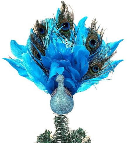 Pfauen-Weihnachtsbaumspitze, Glitzernder Blauer Pfauenkork mit Langem Schwanz, Weihnachtlicher Pfauenschmuck Zum Basteln, Zuhause, Hochzeit, Party, Weihnachtsbaumschmuck (5 Federn)