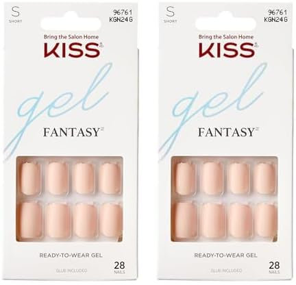 KISS Gel Fantasy Collection Nagel Maniküre Set, The Little Things, kurze Länge quadratische künstliche Nägel, enthält 28 künstliche Nägel, Nagelkleber, Nagelfeile und Manikürstäbchen (Packung mit 2)