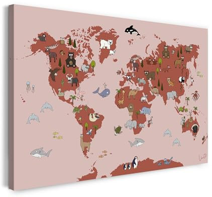 Printistico Leinwandbild (120x80cm) Kinder Weltkarte mit Tieren in Rot by Lina D.