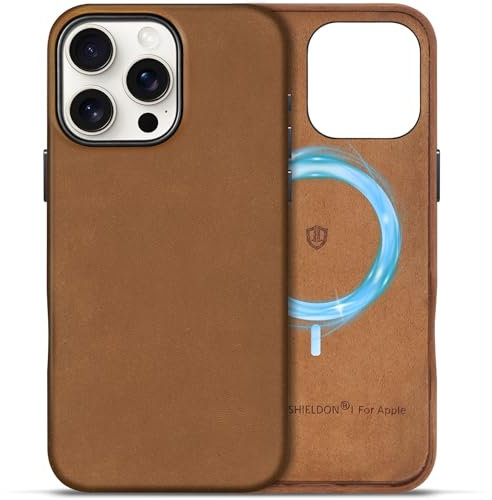 SHIELDON Lederhülle für iPhone 16 Pro Max 6,9, Schutzhülle [Crazy Horse Leder] [Magnet Kabelloses Laden] [Einfach Aussehen] Kompatibel Handyhülle mit iPhone 16 Pro Max 5G 2024 Braun