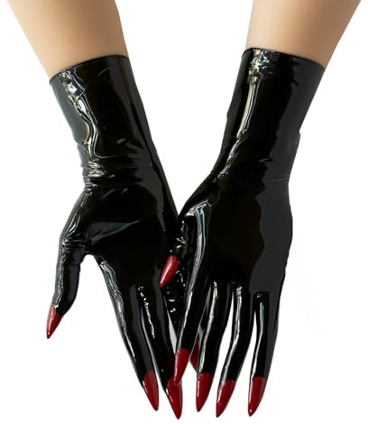 GREEFEI Black Latex Short Gloves with Long Nails,Natural Rubber Gloves Handmade,Latex Accessories for Cosplay Halloween M