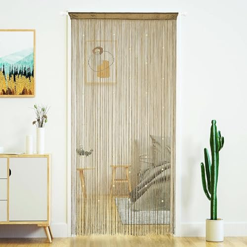 ElevaPulse Fadenvorhang, Perlenvorhang Türvorhang, Perlenvorhang, Makramee Vorhang, Dekorative Gardine Fadenvorhang, Balkontür Türvorhang Fliegen Vorhang(100x200cm Champagner Farbe)