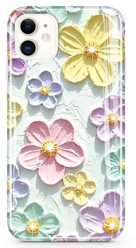JIAXIUFEN Schutzhülle für iPhone 11, glitzernd, Retro-Ölgemälde, Blumendesign, dünn, stoßfest, TPU, weiches Silikon, Minzfarben