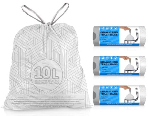 10L Bin Liners Small Drawstring Bin Bags 90 White Waste Pedal Rubbish Bags Thick, Pre-separated, Strong for Bathroom, Office, Bedroom
