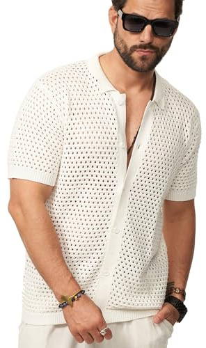 Soulstar Herren Poloshirt Crochet Kurzarm Cardigan Knit Strick-Polo T-Shirt Freizeit Männer Polo-Hemd Men's Sommer-Fit S2_Balm-Ecru-XL