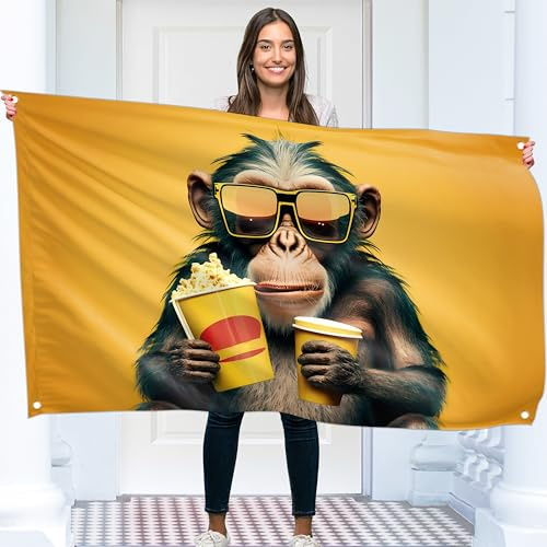 Affe mit Brille und Popcorn Flagge – Groß Lustige Flagge – Beidseitiger Druck – 110D Polyester – Doppelnaht – 2 Messingösen, groß 90x150 cm (5 x 3 Fuß)