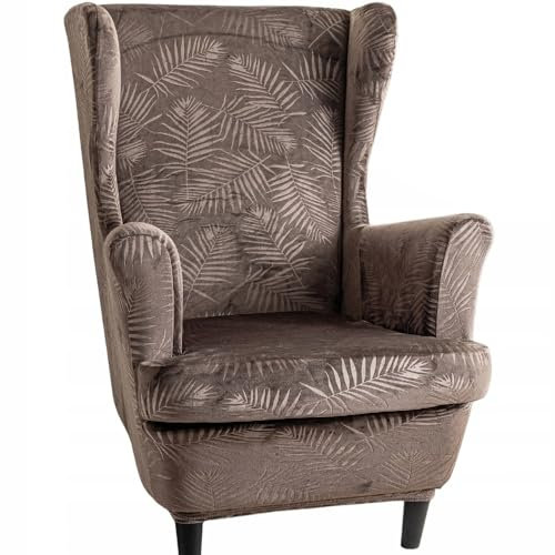 Domidekor Ohrensessel Überzug – Sesselschoner Braun mit Palmenblättern – Sesselbezug Stretch - Strandmon Sessel Bezug – Sesselhusse Elastisch Velour Schmutzabweisend - Oeko-Tex 100