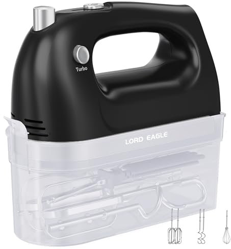 Lord Eagle Hand Mixer Electric Whisk, 400W Power Handheld Mixer for Baking Cake Egg Cream Food Beater, Turbo Boost/Self-Control Speed + 5 Speed + Eject Button + 5 Accessories Black