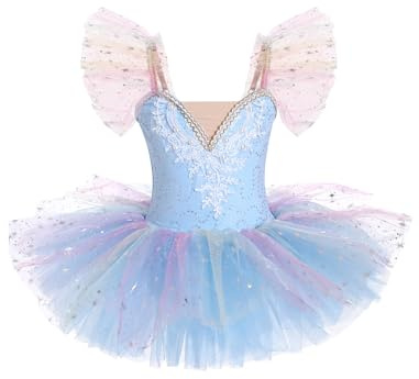 Ballettkleidung Mädchen 3-14-Jahre für Tanz: Ballettstrumpfhose mit Abnehmbare Flatterärmel und Verstellbarem Träger - Kinder Tanzkleid für Balett Eiskunstlauf Rollkunstlauf