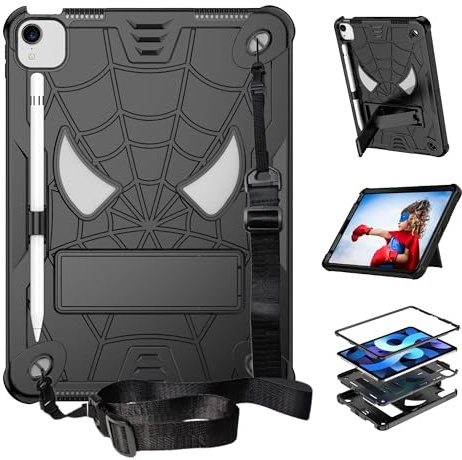 CasurvivePro Funda para niños compatible con iPad Air 4/5 2020/2022 de 10.9 pulgadas, iPad Pro 11 2018/2020/2021 Gen Tablet, funda ligera a prueba de golpes, correa de hombro integrada y soporte negro