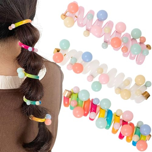 SmallCat 3PCS Spiral Hair Ties with Beads, Colorful Artificial Pearl Phone Cord Shape Hair Bands, Elastic Rubber Ponytail Holders for Women, No Crease Hair Accessories for Long Curly Hair