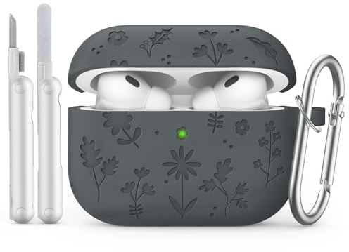 MoKo Silikonhülle Für AirPods Pro 3, Niedliche Blumengravur,Dunkelgrau | Mit Reinigungsset Und Schlüsselanhänger, Kompatibel Mit Apple AirPods Pro 3 Gen 2025, Stoßfeste Silikonschutzhülle