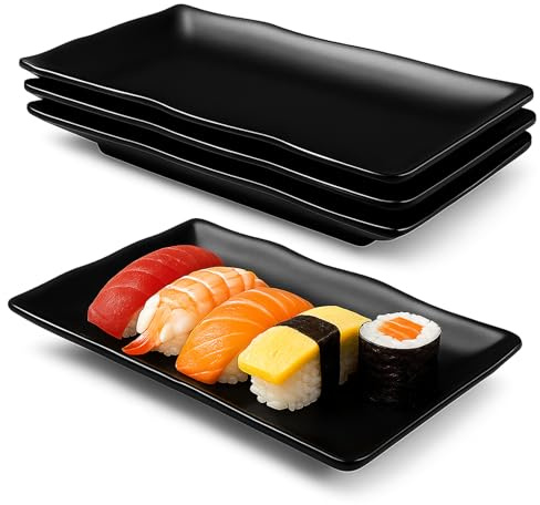 4 Stück Rechteckige Teller Schwarz, Servierplatten aus Melamin, Vorspeisenteller Dessertteller Snackteller für Sushi, Kuchen, Salat, Obst, Antipasti & Beilagen, Stapelbar & Spülmaschinenfest (4PCS)