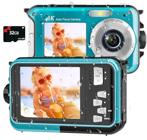 Digitalkamera, Yixinxin 4K Unterwasserkamera, 64MP Autofokus 16FT Digitalkamera wasserdichte mit 32GB Karte, Dual-Screen Selfie 1250mAh Batterie, 16X schwimmfähig Digital für Schnorcheln